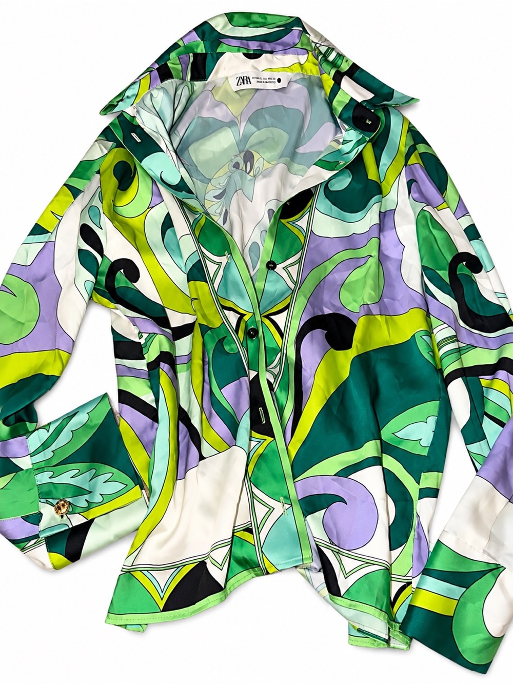Zara Women’s Abstract Psychedelic Print Button Down Blouse Green Purple Retro
